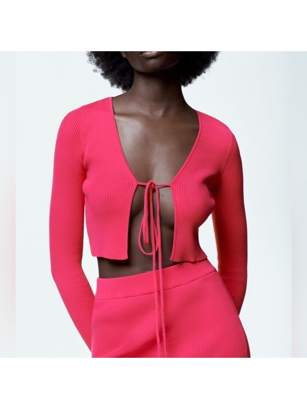 Zara Ribbed Tie Front Y2K Barbie Pink Cardigan Sweater